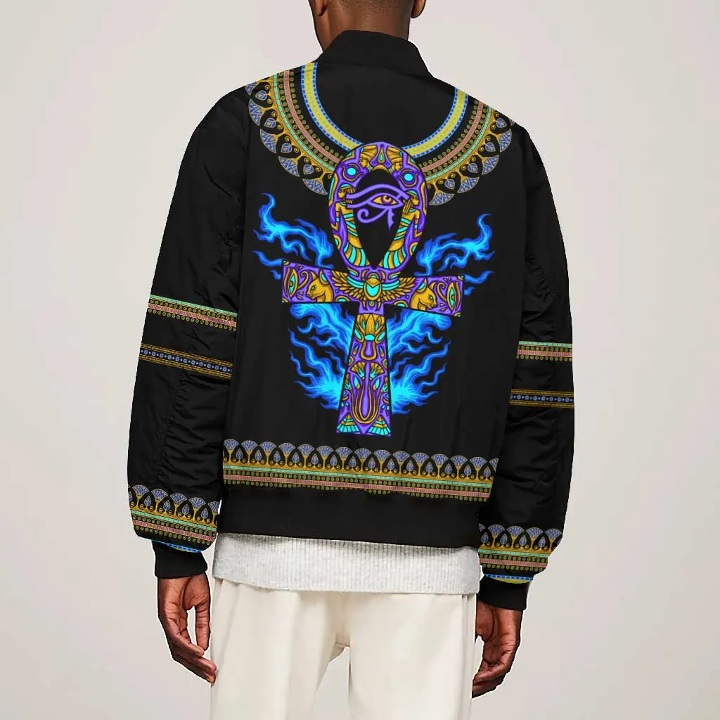 Egyptian Ankh Golden Blue Fire Bomber Jacket DT02