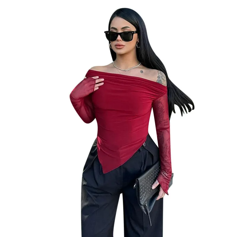 Elegant Slash Shoulder Mesh Long Sleeve Top for Sophisticated Style