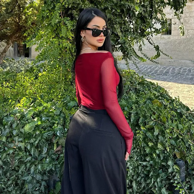 Elegant Slash Shoulder Mesh Long Sleeve Top for Sophisticated Style