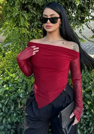 Elegant Slash Shoulder Mesh Long Sleeve Top for Sophisticated Style