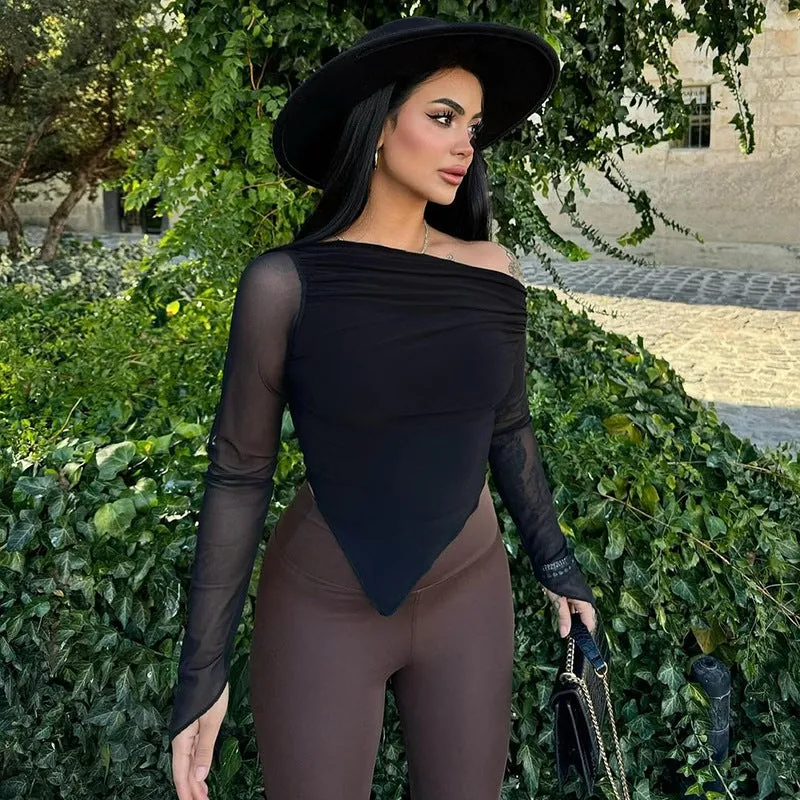 Elegant Slash Shoulder Mesh Long Sleeve Top for Sophisticated Style