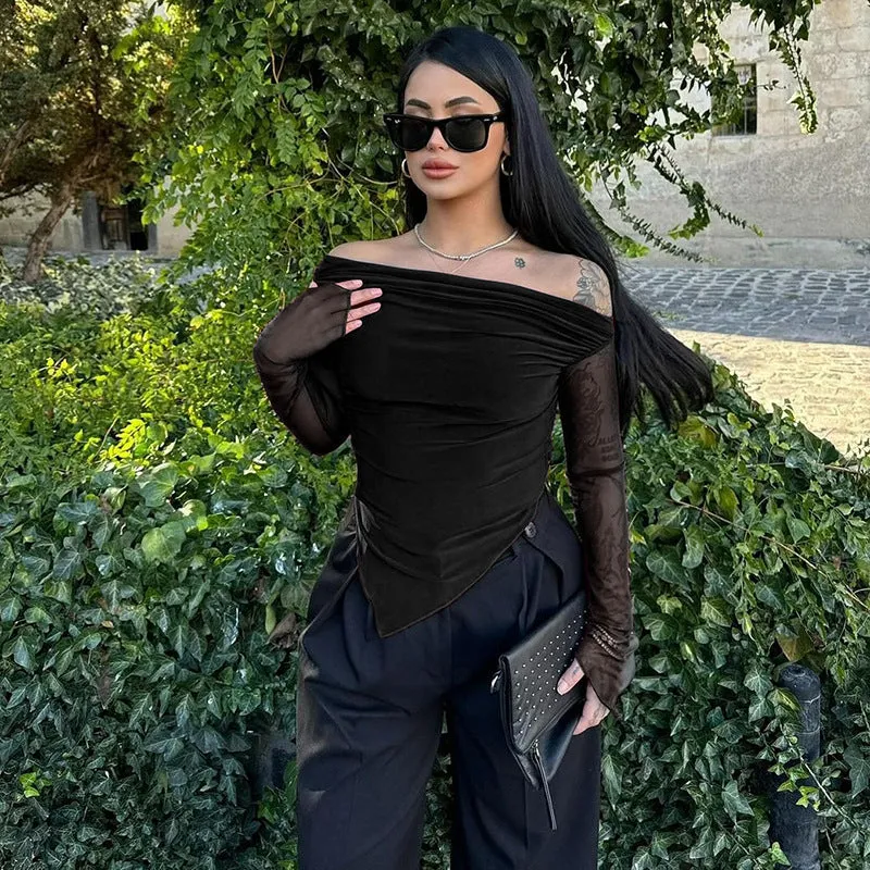 Elegant Slash Shoulder Mesh Long Sleeve Top for Sophisticated Style