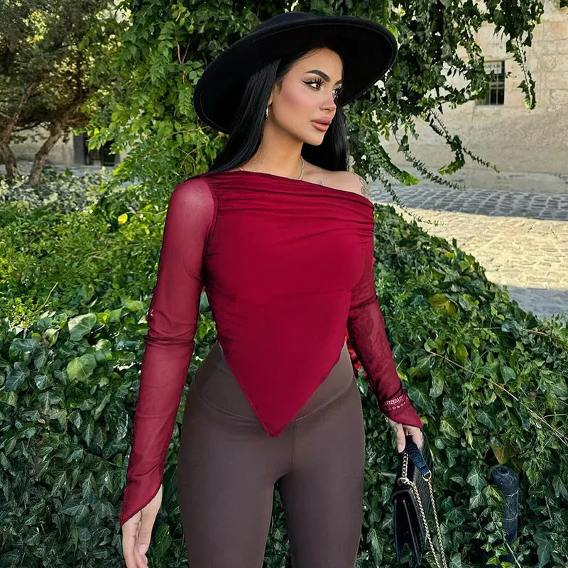 Elegant Slash Shoulder Mesh Long Sleeve Top for Sophisticated Style