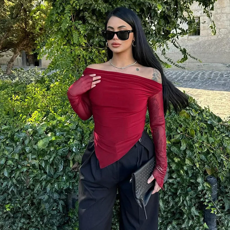 Elegant Slash Shoulder Mesh Long Sleeve Top for Sophisticated Style