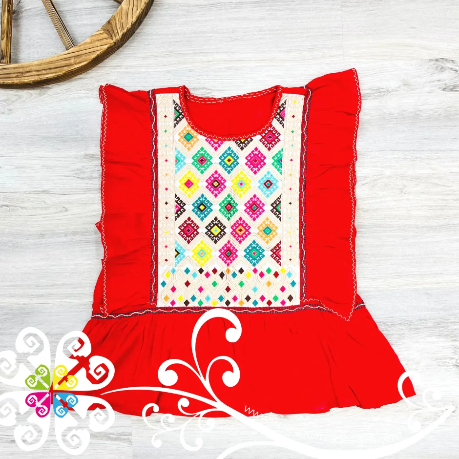 Embroidered Perchera Top  - Short Flutter Sleeve