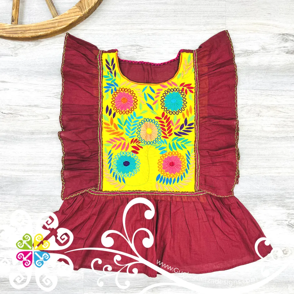 Embroidered Perchera Top  - Short Flutter Sleeve