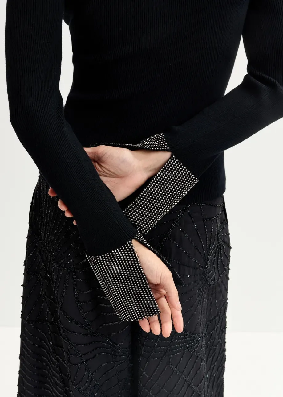 Essentiel Antwerp Gomi Black Rib-Knitted Sweater With Rhinestone Cuffs