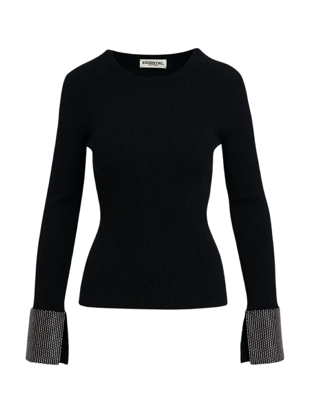 Essentiel Antwerp Gomi Black Rib-Knitted Sweater With Rhinestone Cuffs