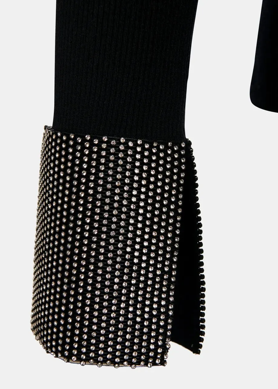 Essentiel Antwerp Gomi Black Rib-Knitted Sweater With Rhinestone Cuffs