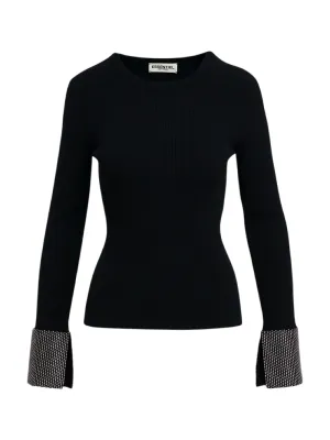 Essentiel Antwerp Gomi Black Rib-Knitted Sweater With Rhinestone Cuffs