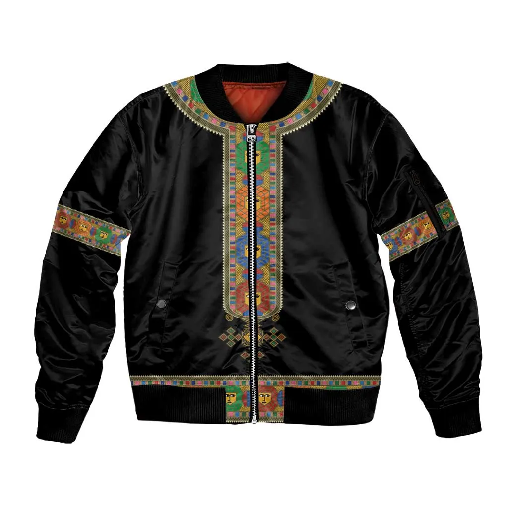 Ethiopia Saba Kemis Habesha Style Sleeve Zip Bomber Jacket Black Color LT15