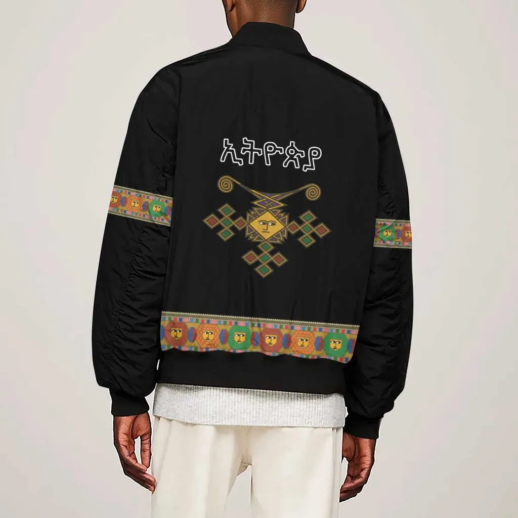 Ethiopia Saba Kemis Habesha Style Sleeve Zip Bomber Jacket Black Color LT15