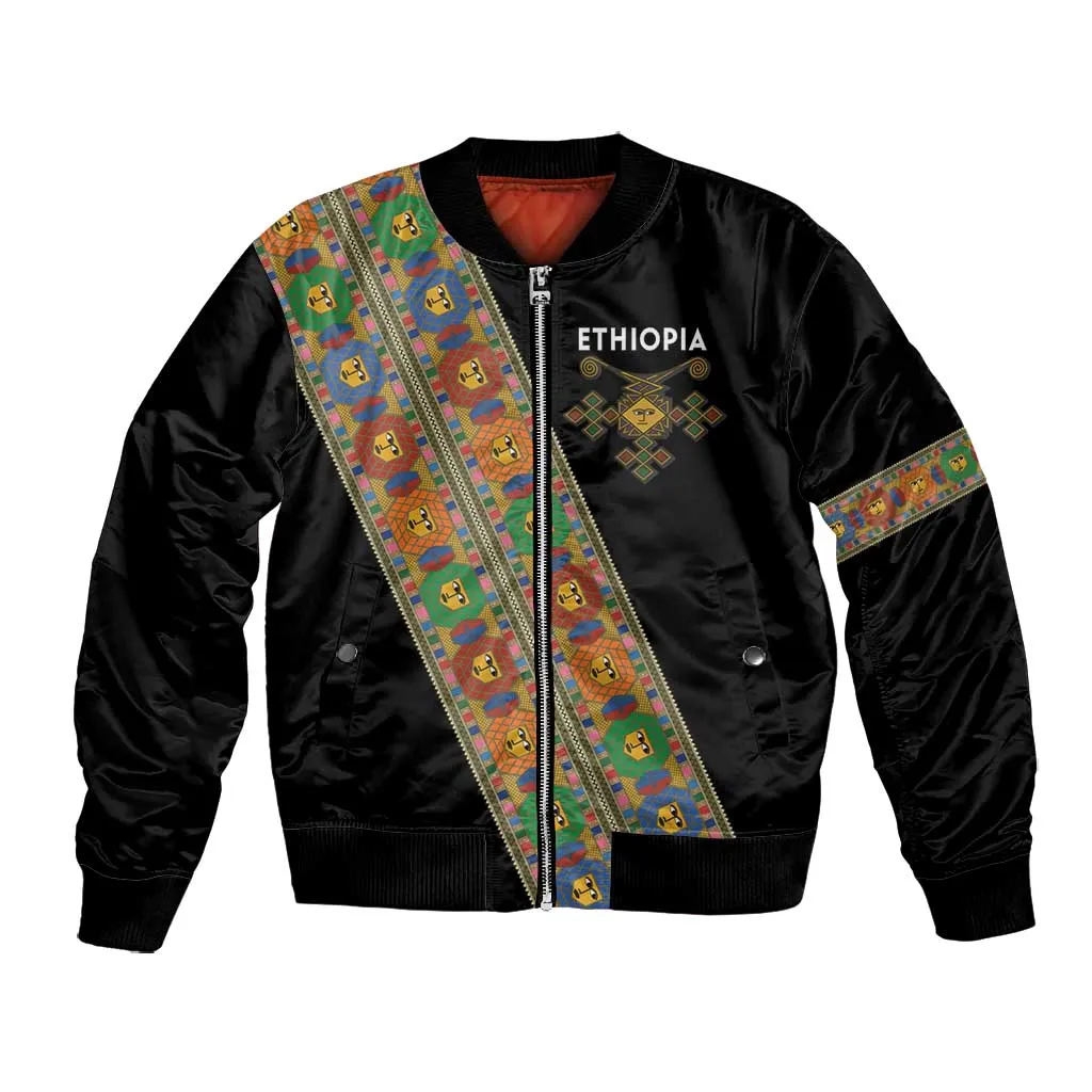 Ethiopia Saba Kemis Sash Style Bomber Jacket Black Color LT15