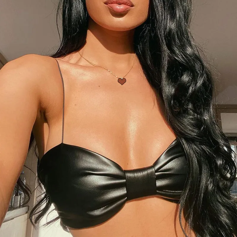 Faux Leather Bralette Top with Sweetheart Neckline