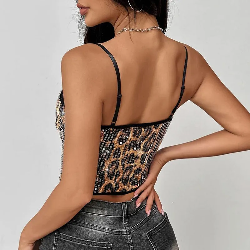 Fierce Sequin Leopard Print Camisole with Lace Trim