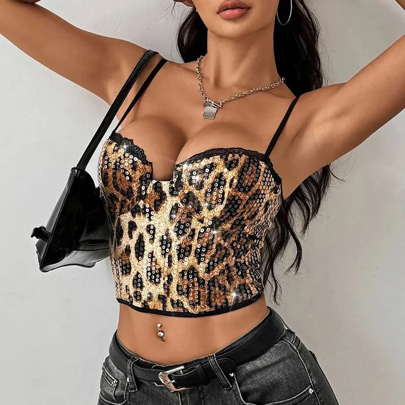 Fierce Sequin Leopard Print Camisole with Lace Trim