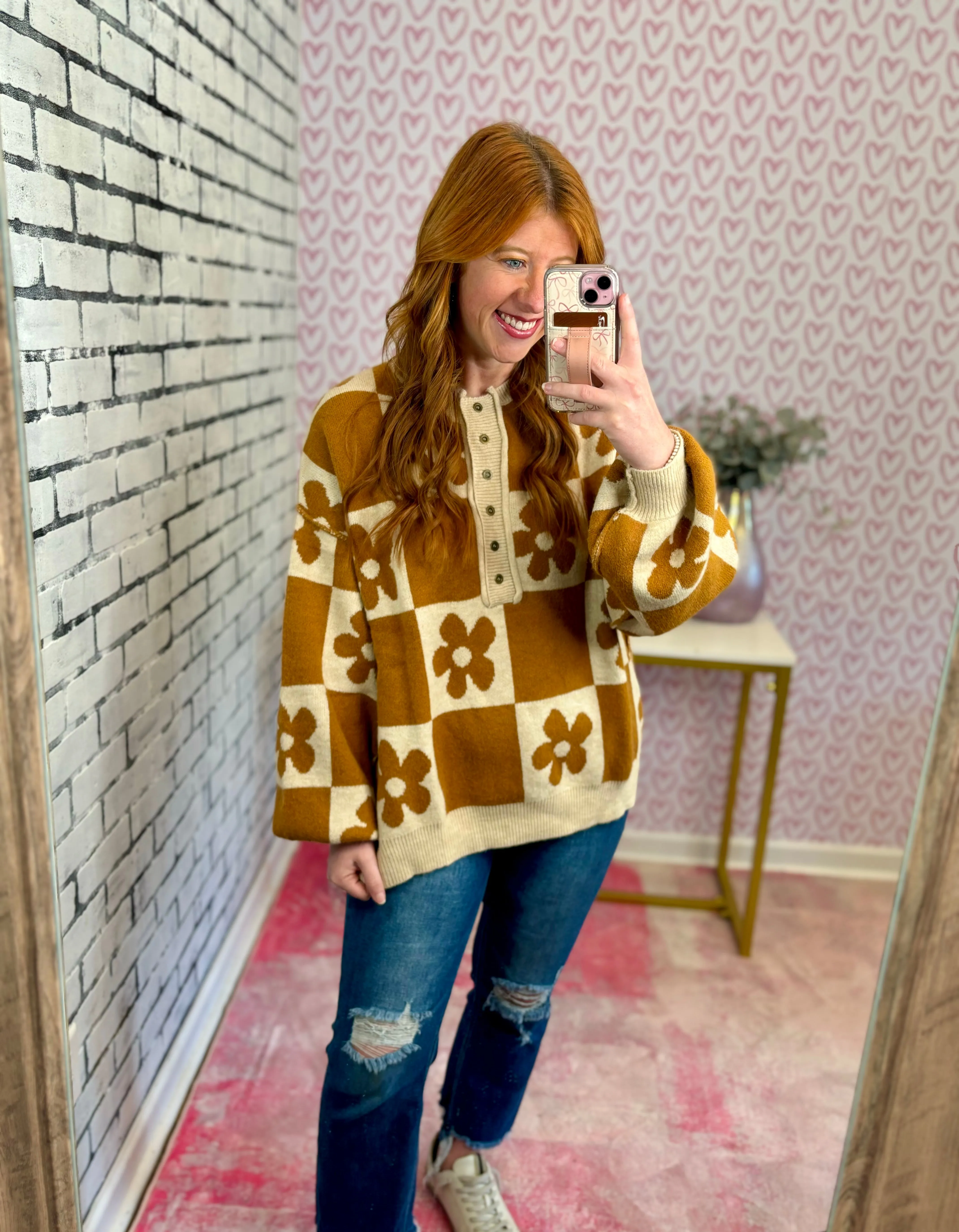 Flower Checkered Knit Sweater