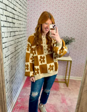 Flower Checkered Knit Sweater