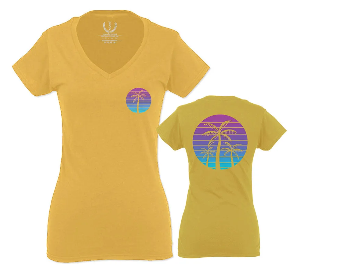 Front and Back Vaporwave Palm Trees Aesthetics Art Beach surf Sunset For Women V neck fitted T Shirt