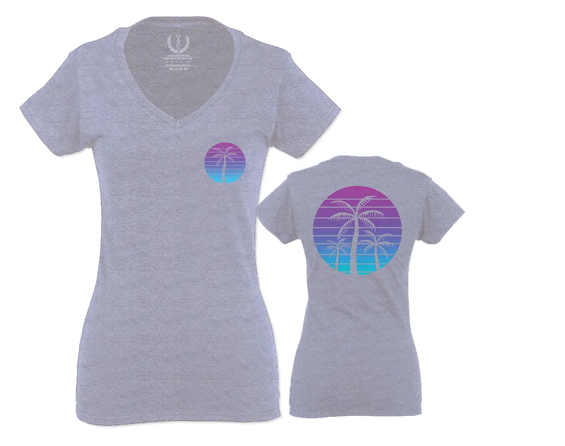 Front and Back Vaporwave Palm Trees Aesthetics Art Beach surf Sunset For Women V neck fitted T Shirt