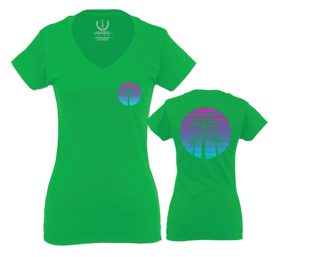 Front and Back Vaporwave Palm Trees Aesthetics Art Beach surf Sunset For Women V neck fitted T Shirt