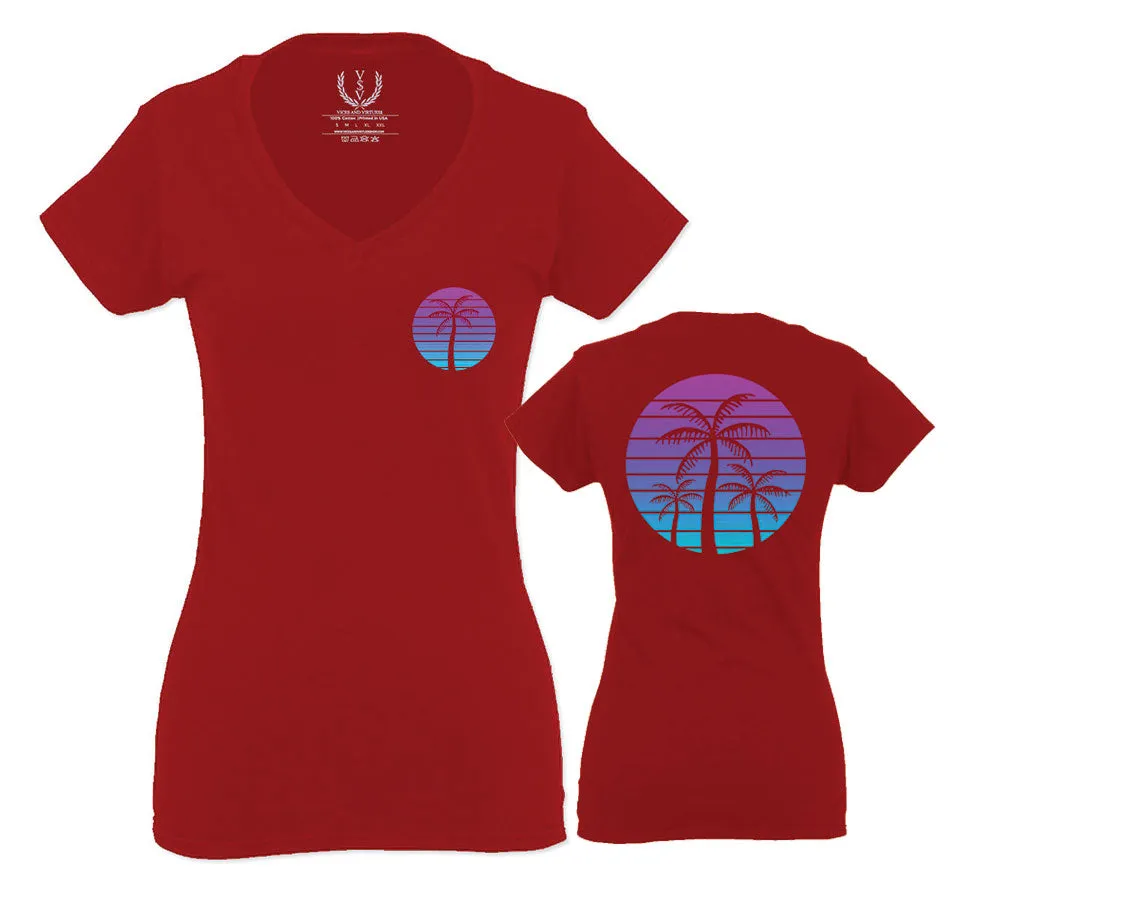 Front and Back Vaporwave Palm Trees Aesthetics Art Beach surf Sunset For Women V neck fitted T Shirt