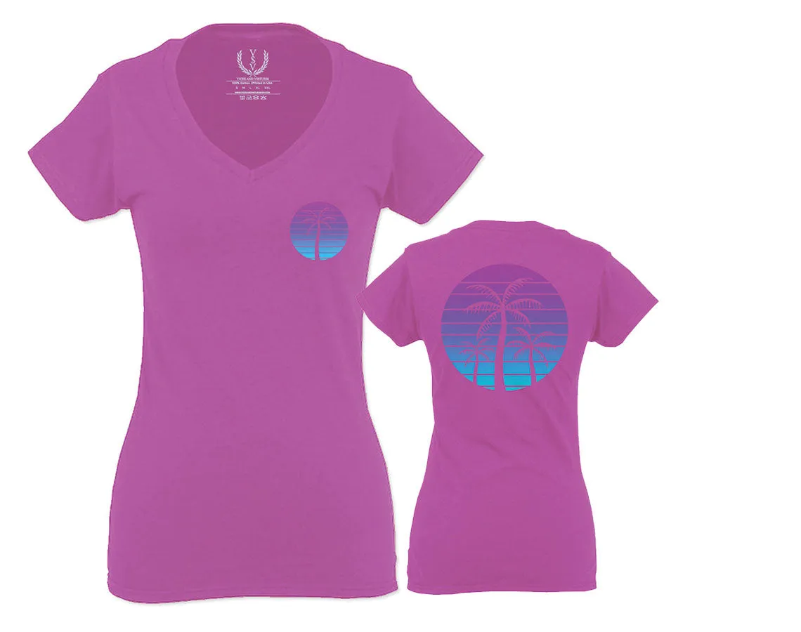 Front and Back Vaporwave Palm Trees Aesthetics Art Beach surf Sunset For Women V neck fitted T Shirt