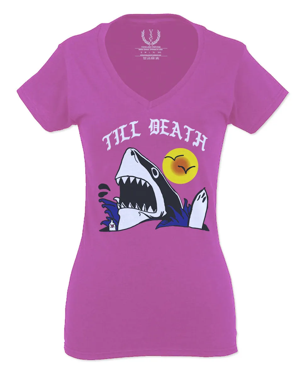 Front Shark Summer Vibe Cool Graphic Surf Till Death Society For Women V neck fitted T Shirt