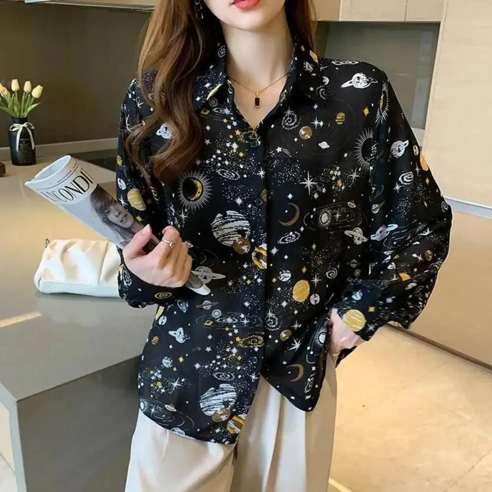 Galaxy Chiffon Shirt with Classic Collar and Button Fastening