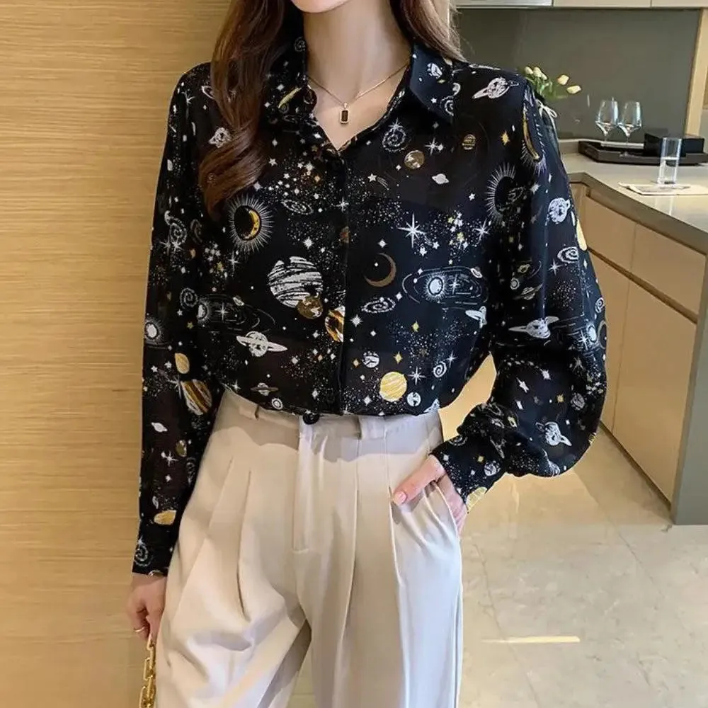 Galaxy Chiffon Shirt with Classic Collar and Button Fastening