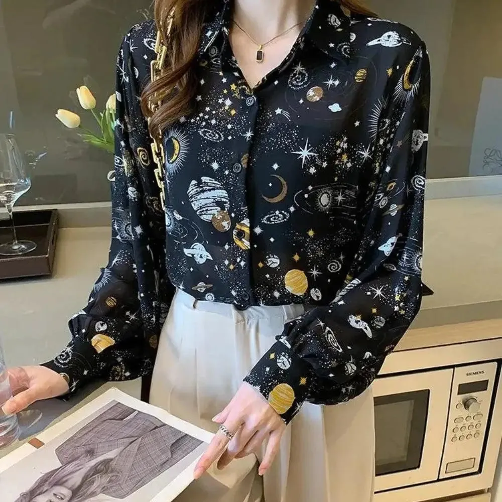 Galaxy Chiffon Shirt with Classic Collar and Button Fastening