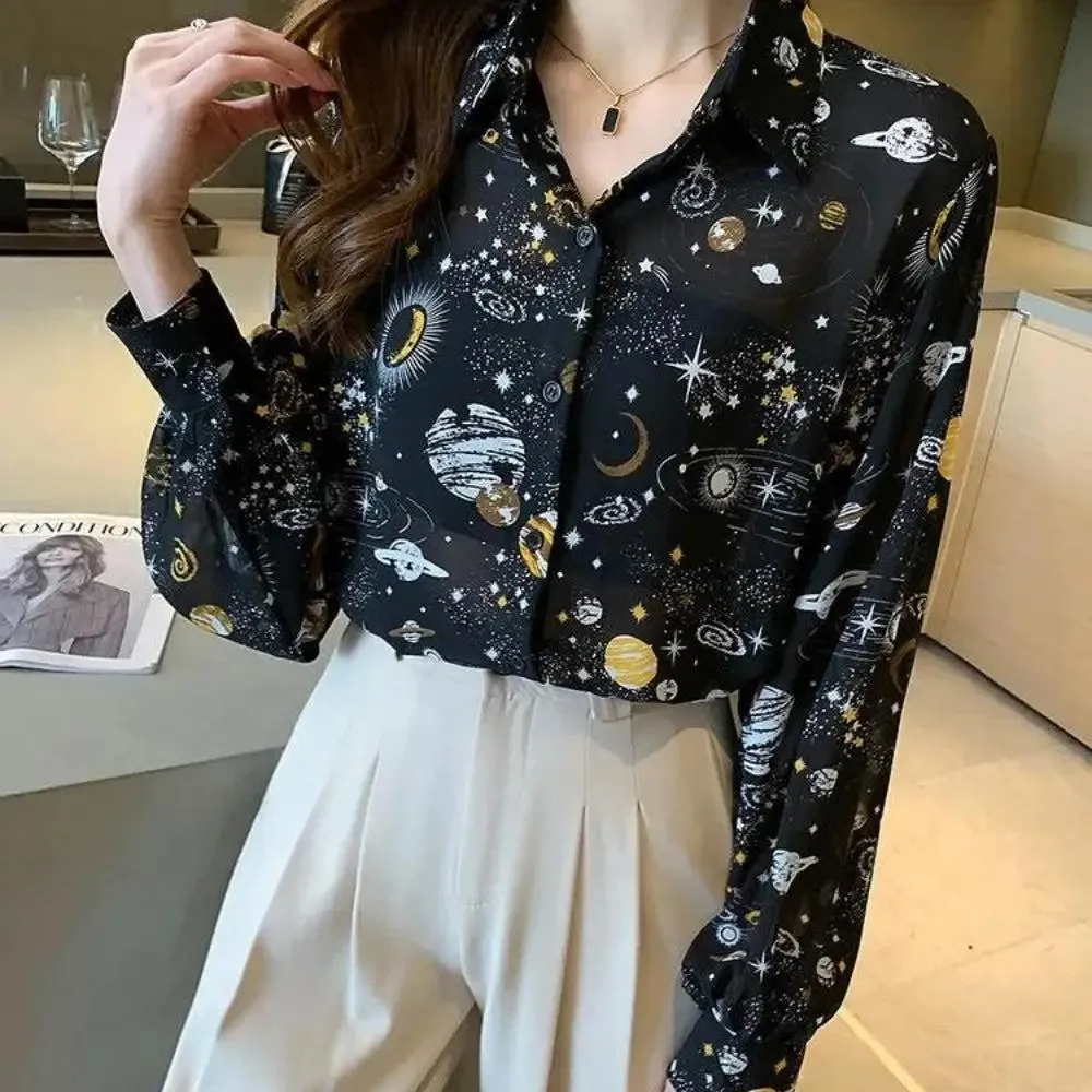 Galaxy Chiffon Shirt with Classic Collar and Button Fastening