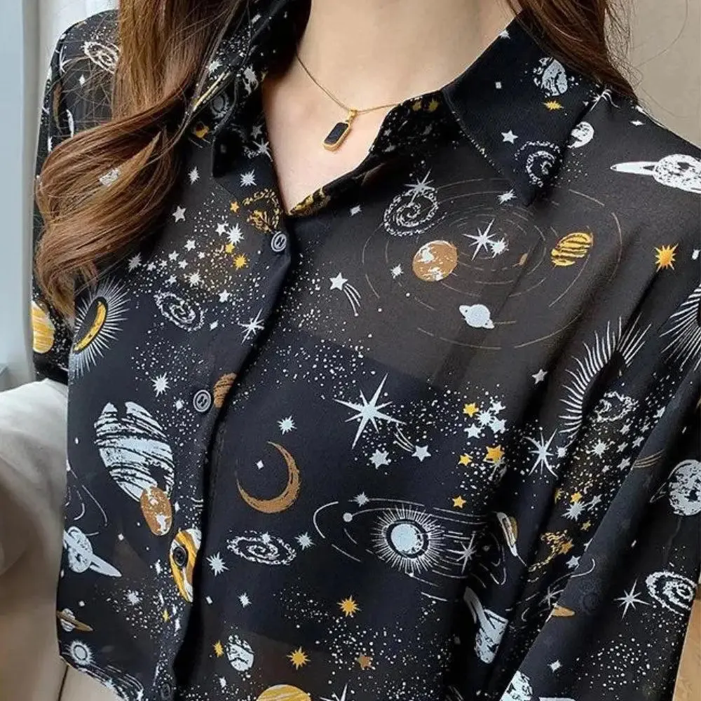 Galaxy Chiffon Shirt with Classic Collar and Button Fastening