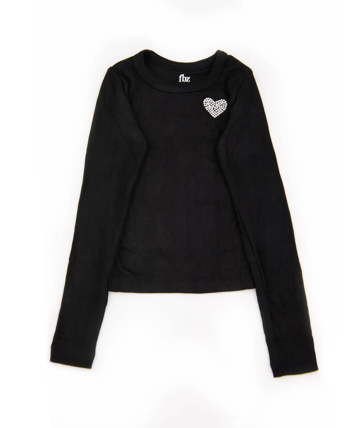 Girl's Crystal Heart Ribbed Top In Black
