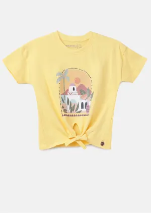 Girls Printed Smart Tie Front Yellow T-Shirt