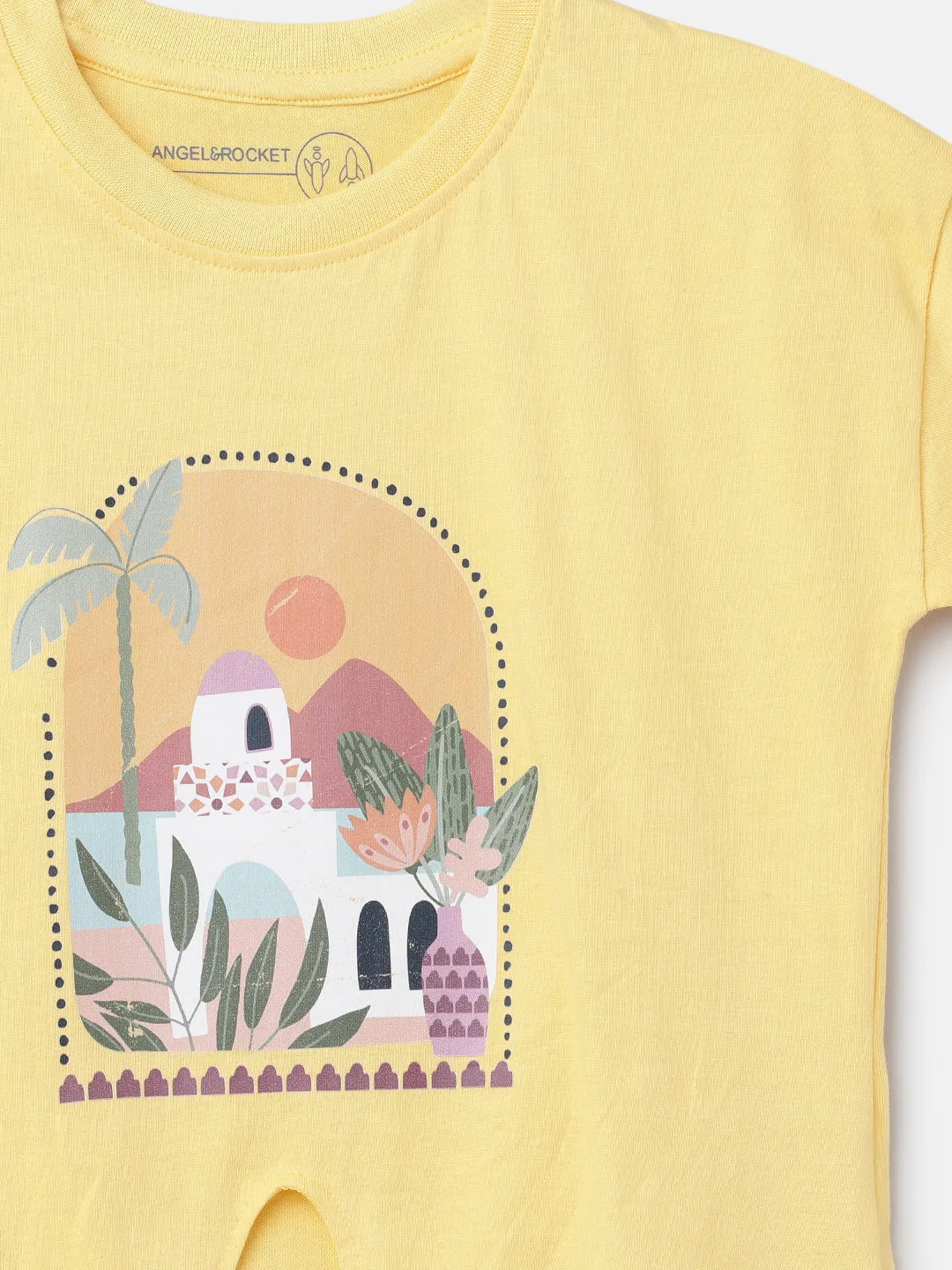 Girls Printed Smart Tie Front Yellow T-Shirt