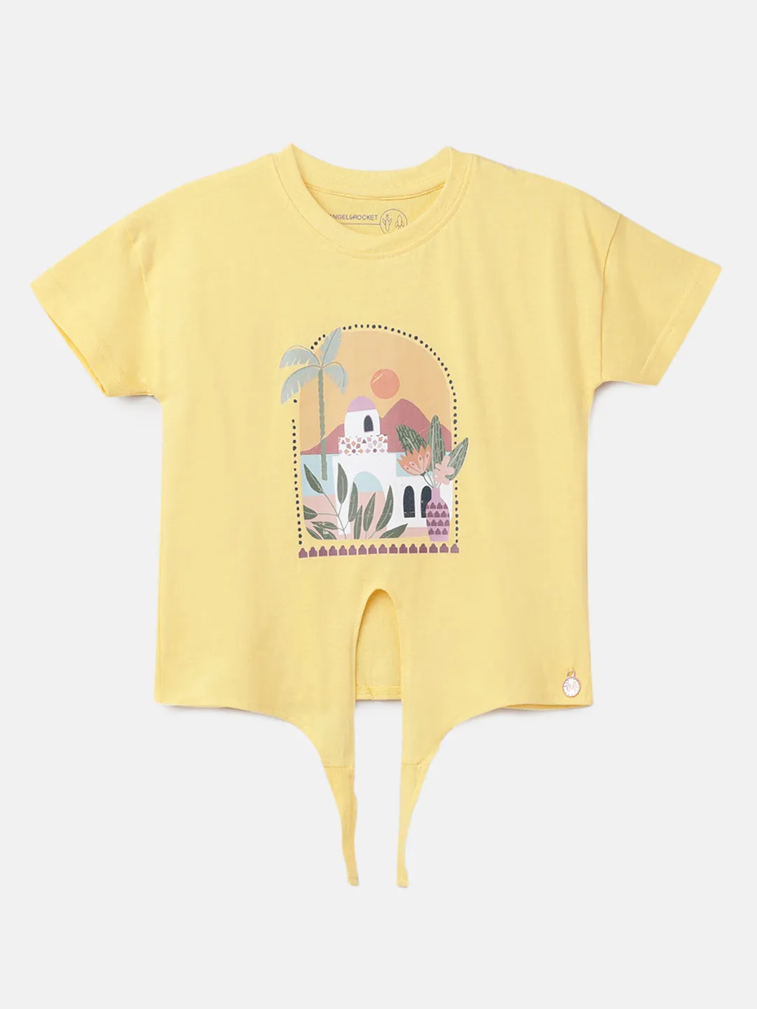 Girls Printed Smart Tie Front Yellow T-Shirt