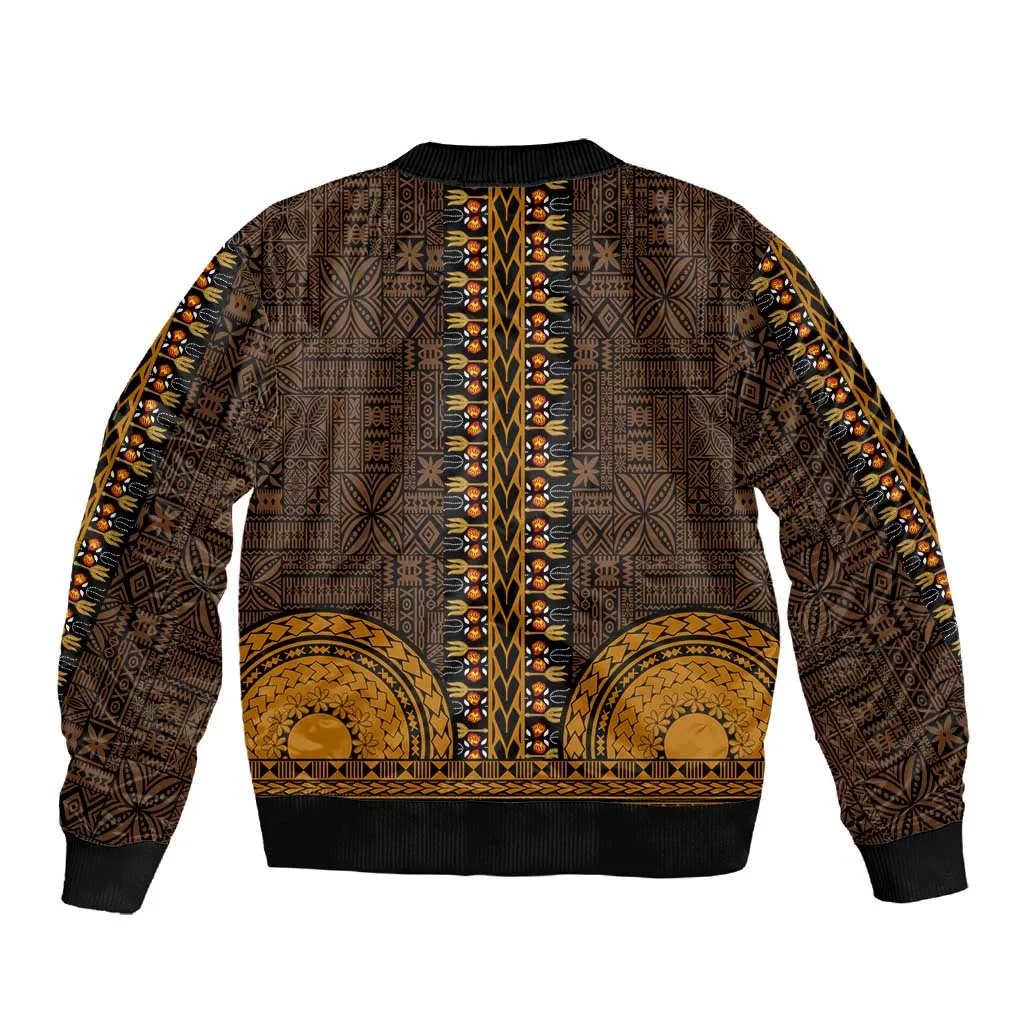Gold Dashiki and Tapa Pattern Sleeve Zip Bomber Jacket Africa-Polynesia Together Culture LT9