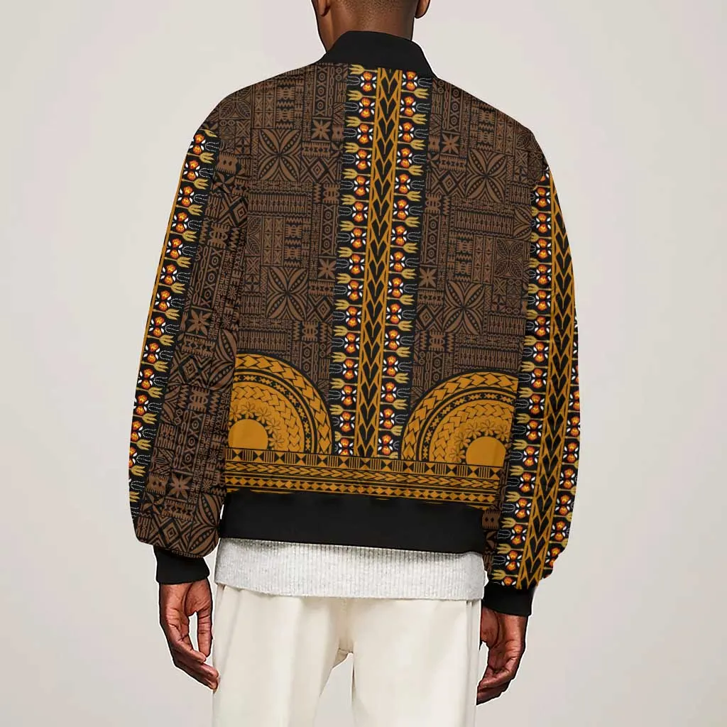 Gold Dashiki and Tapa Pattern Sleeve Zip Bomber Jacket Africa-Polynesia Together Culture LT9