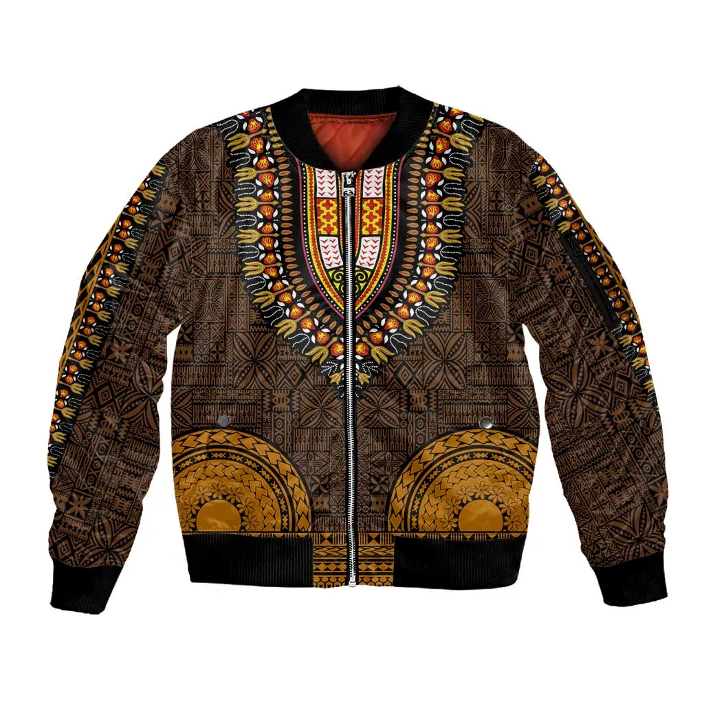 Gold Dashiki and Tapa Pattern Sleeve Zip Bomber Jacket Africa-Polynesia Together Culture LT9