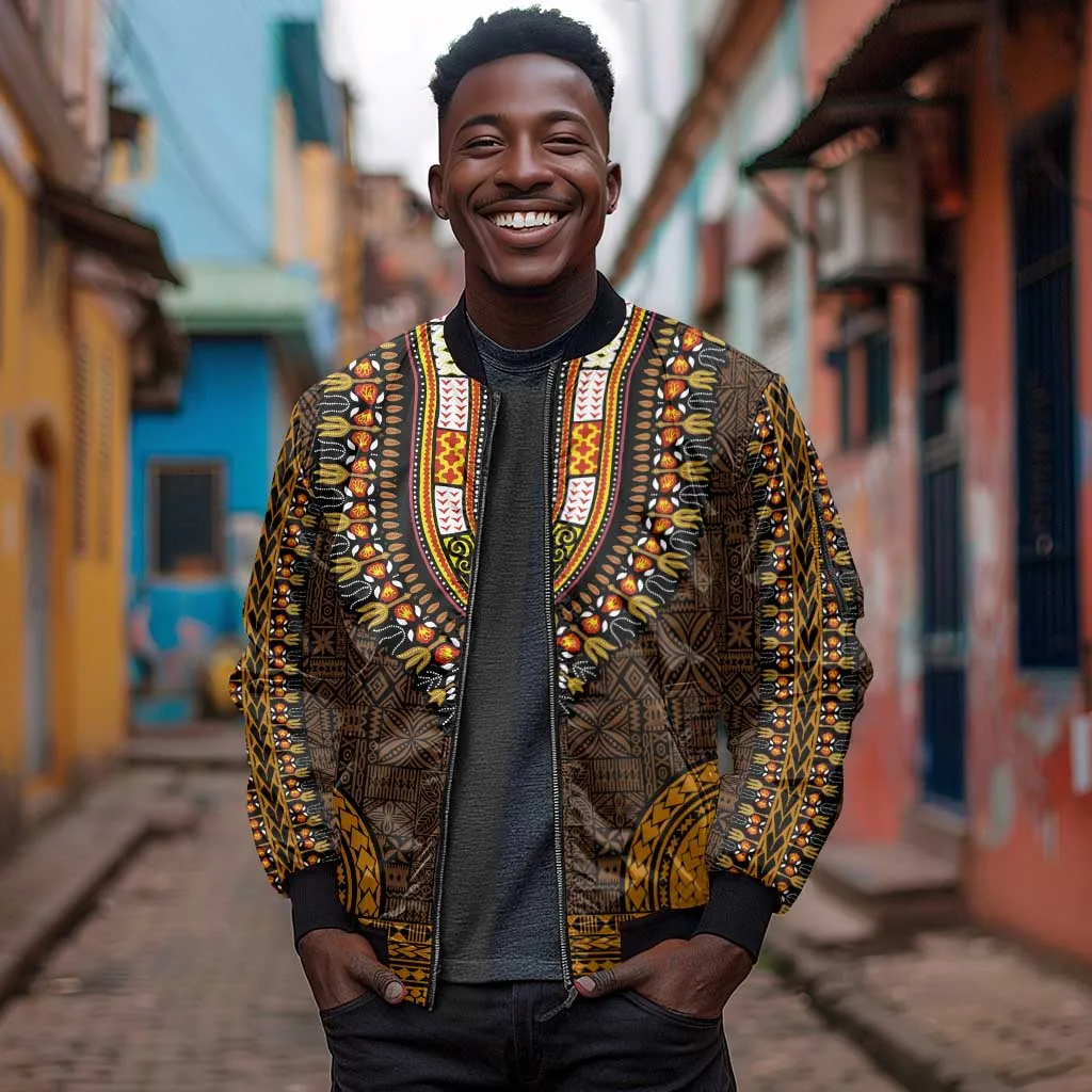 Gold Dashiki and Tapa Pattern Sleeve Zip Bomber Jacket Africa-Polynesia Together Culture LT9
