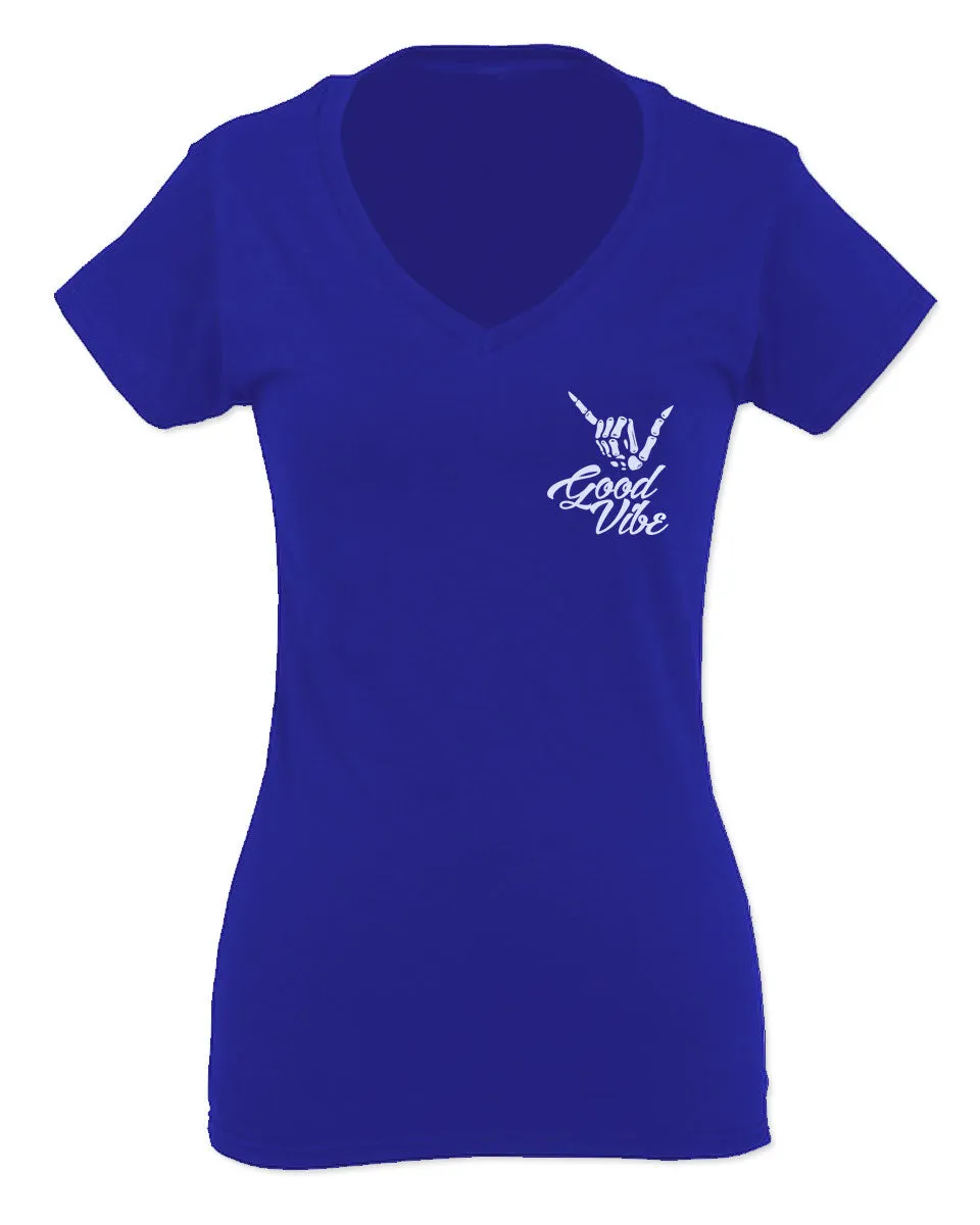 good vibe bones hand shaka cool vintage hipster graphic For Women V neck fitted T Shirt