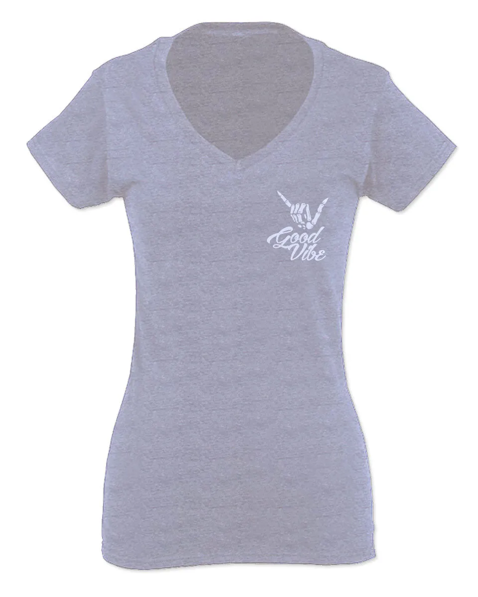 good vibe bones hand shaka cool vintage hipster graphic For Women V neck fitted T Shirt