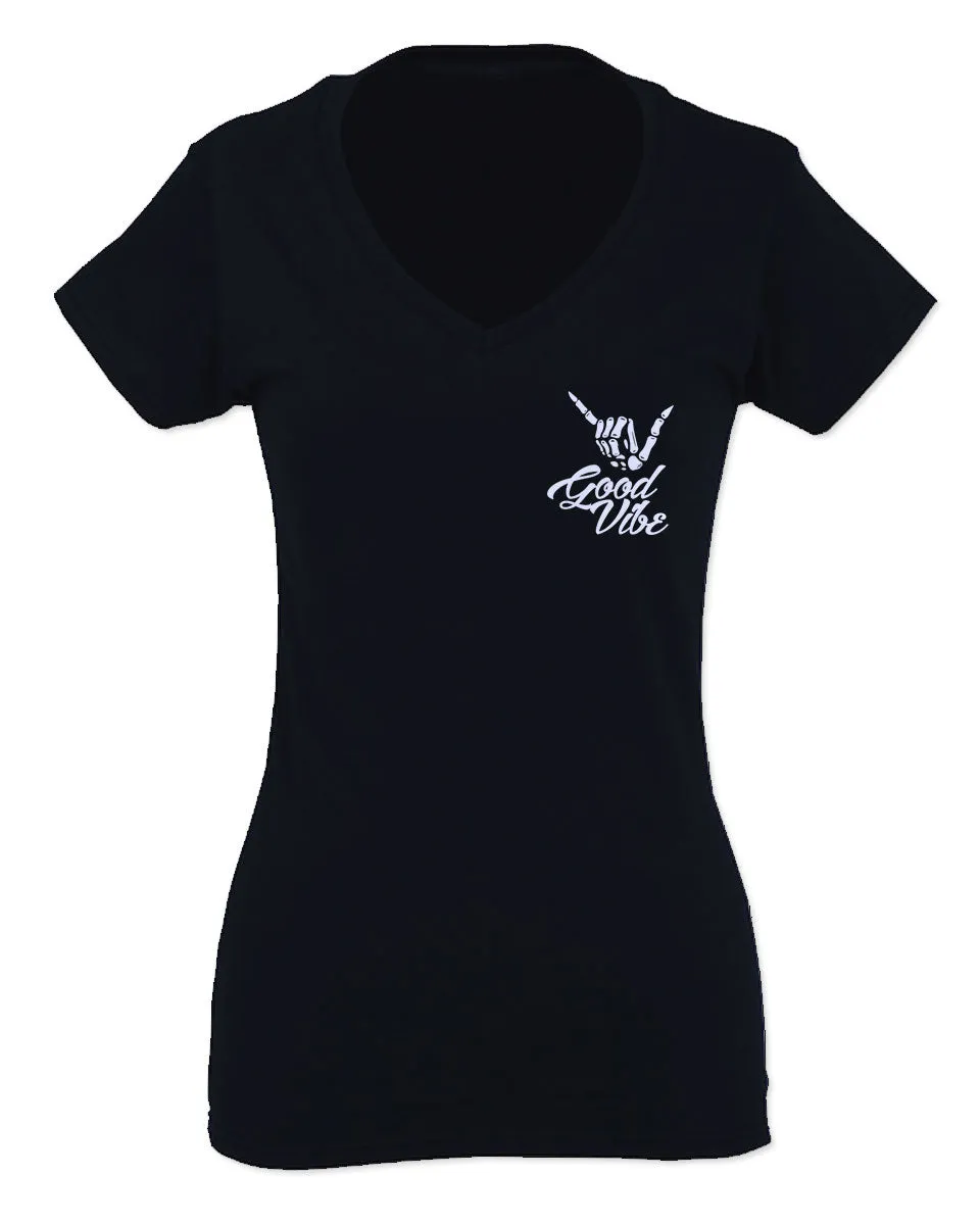 good vibe bones hand shaka cool vintage hipster graphic For Women V neck fitted T Shirt
