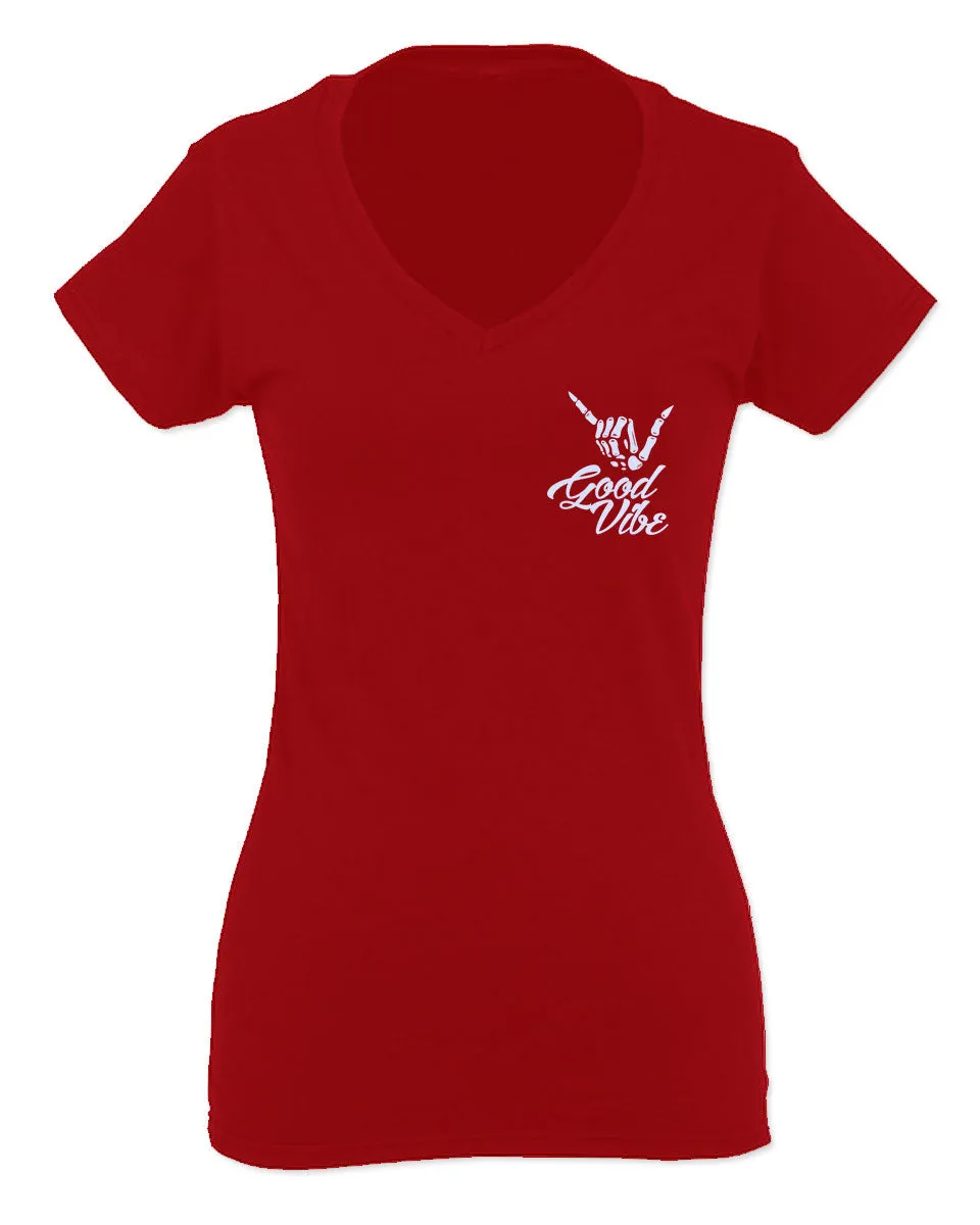 good vibe bones hand shaka cool vintage hipster graphic For Women V neck fitted T Shirt