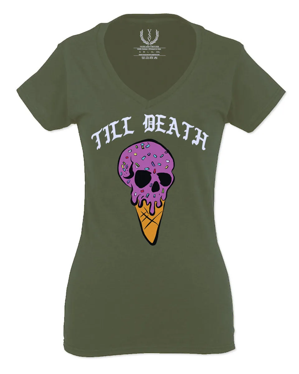 Good Vibe chill Till Death ice Cream Skull Bones Graphic obei Society For Women V neck fitted T Shirt