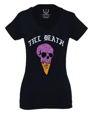 Good Vibe chill Till Death ice Cream Skull Bones Graphic obei Society For Women V neck fitted T Shirt