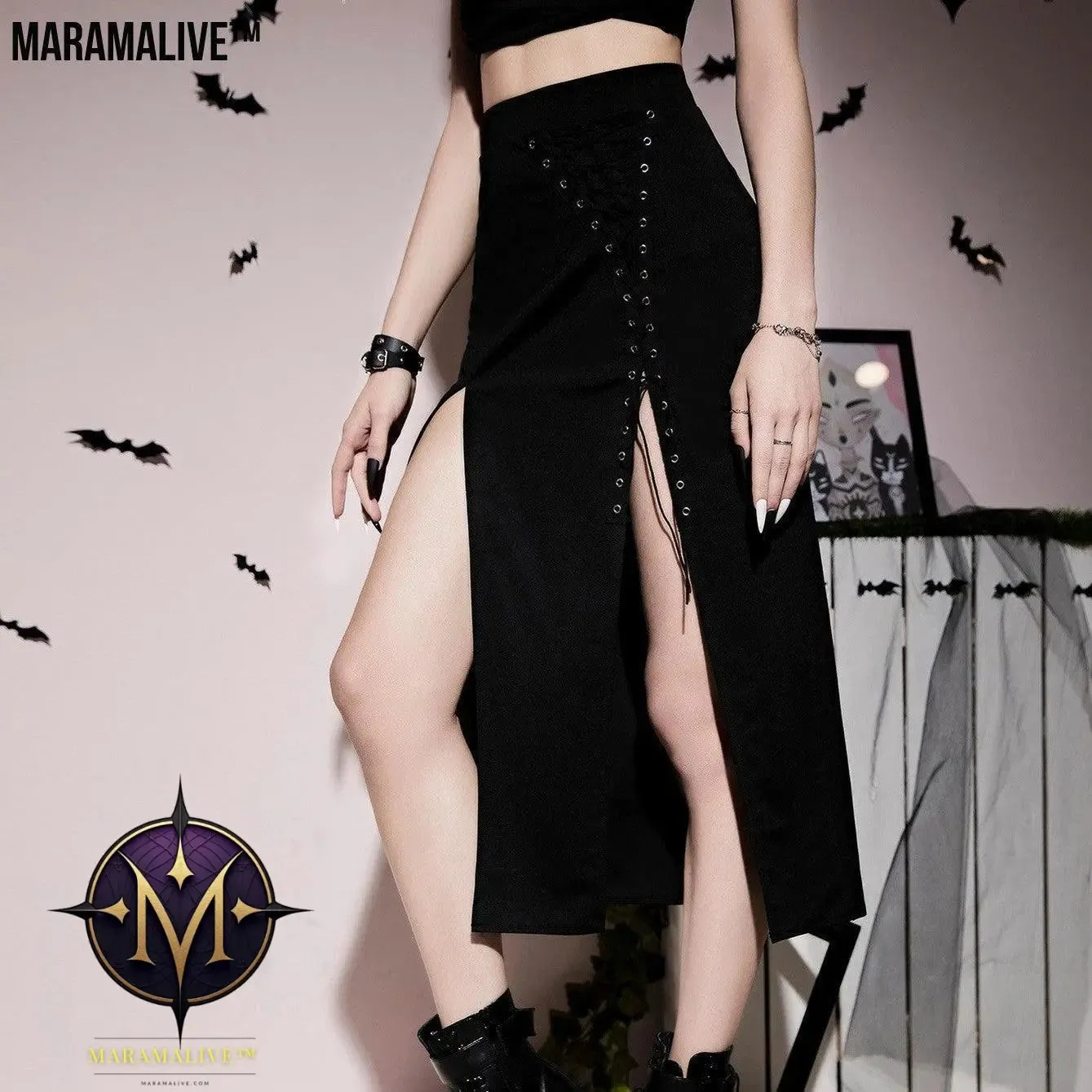 Gothic Style Lacing Half Skirt with thigh splits