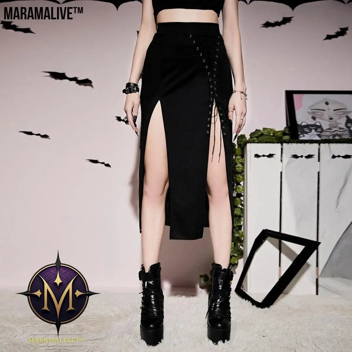 Gothic Style Lacing Half Skirt with thigh splits