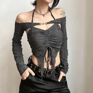 Gray Distressed Halter Neck Tie Crop Top for Edgy Fairy Aesthetic